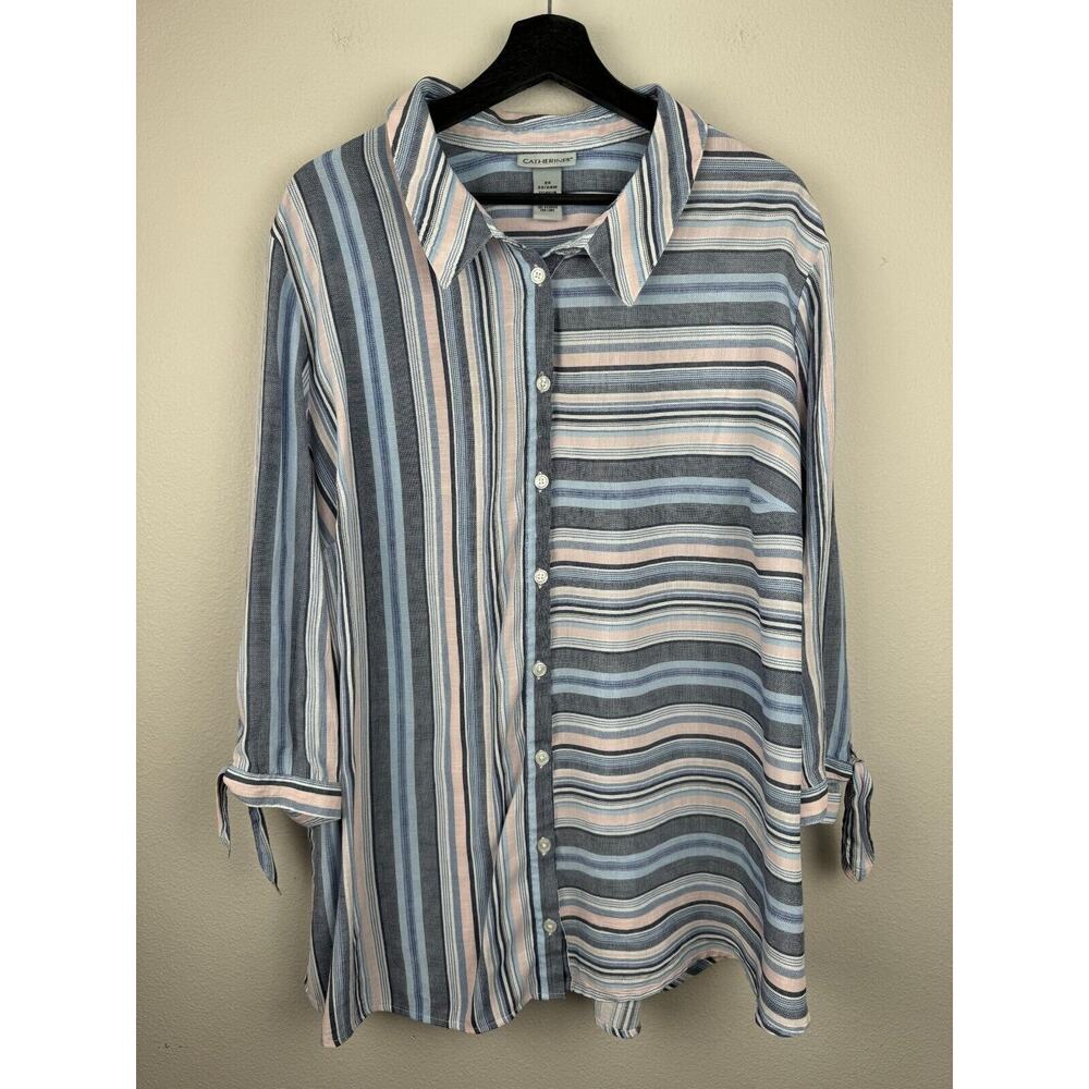 Catherines Top Womens Size 2X Blue Pink Half Sleeve Striped Career Workwear